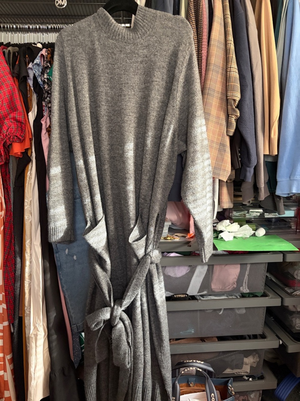 Lane Bryant Charcoal Gray Ribbed Knit Midi Dress with Tie Waist